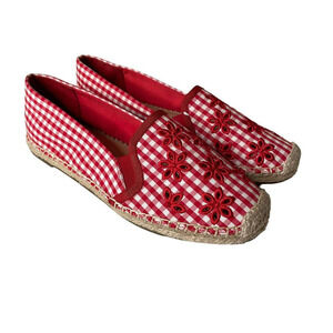 Isaac Mizrahi Live! Red Gingham Ladies Espadrilles Eyelet Embroidery Size 9 M